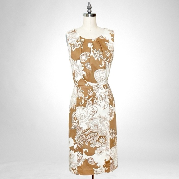 Talbots Paisley Floral Print Sheath Dress Tan & Cream Pleated Neckline Size 10 - Picture 1 of 9